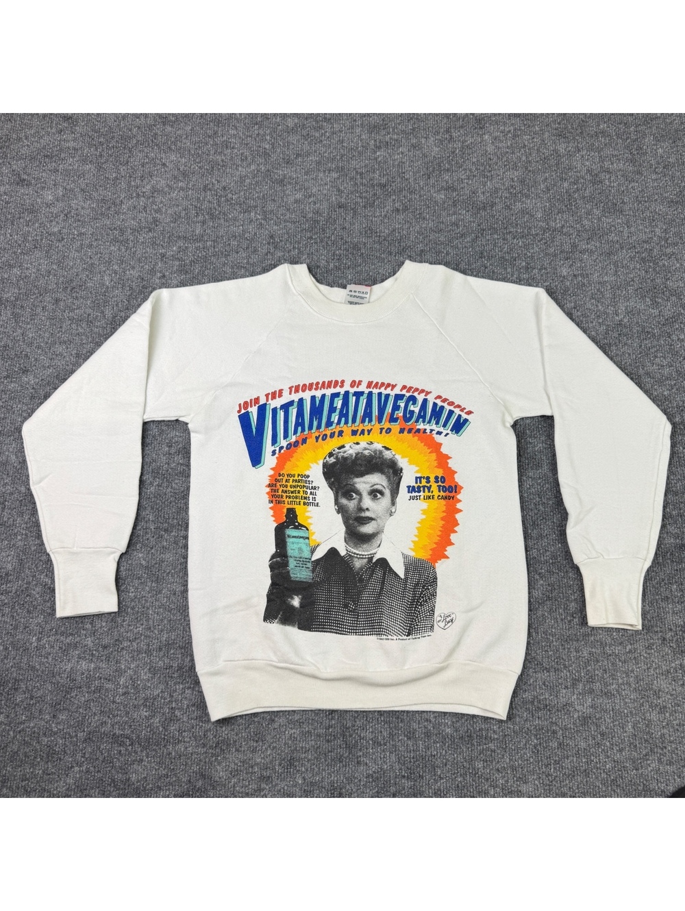 Vintage 1992 I Love Lucy Vitameatavegamin Graphic Crewneck Sweatshirt Made in US